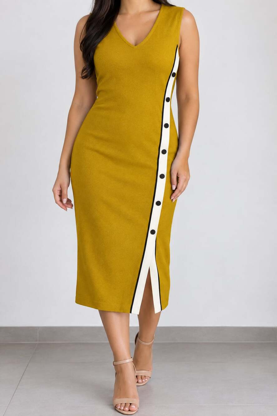 Eva Mendes New York & Company Yellow Knit Sleeveless Dress with Contrast Button